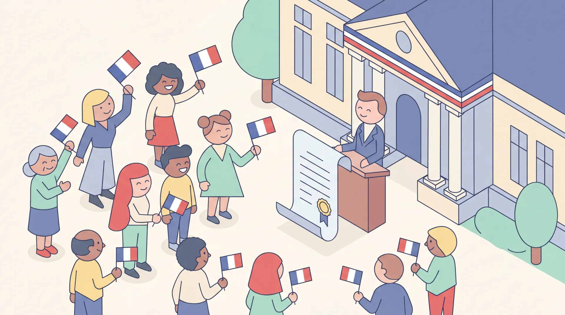 Cérémonie d'accueil dans la citoyenneté française avec drapeaux