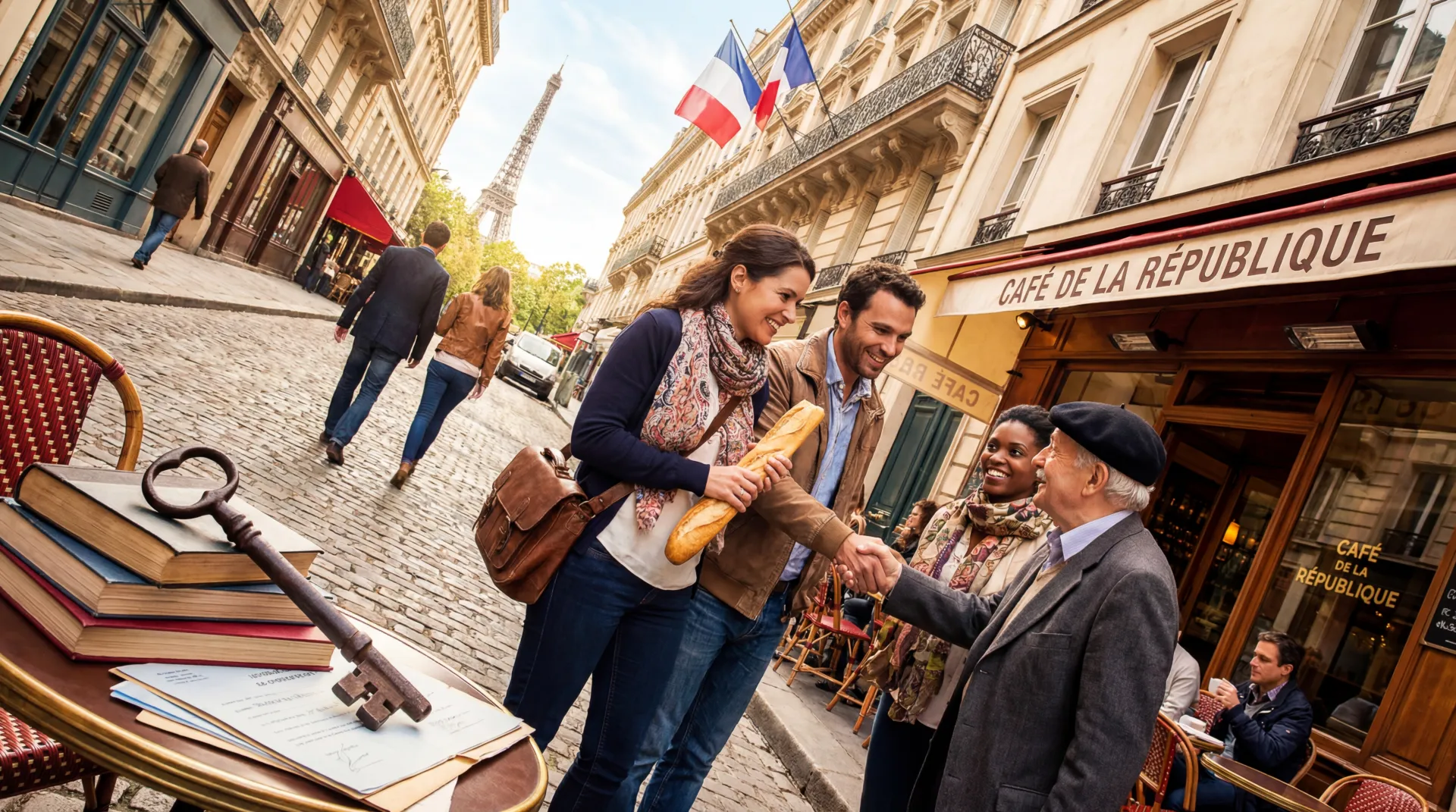 Terrasse de café parisien animé avec des passants