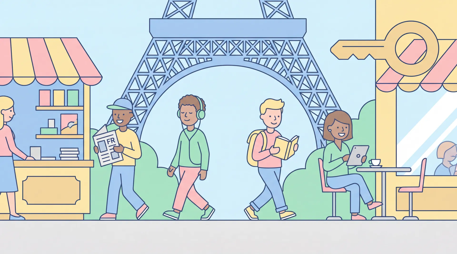 Kiosque à journaux parisien avec divers titres de presse française