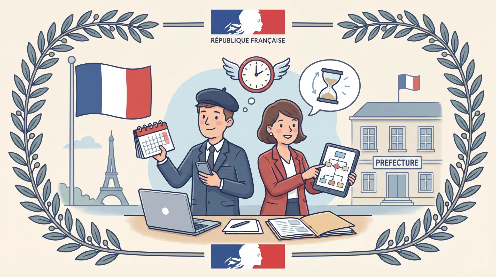 Drapeau français flottant et documents administratifs