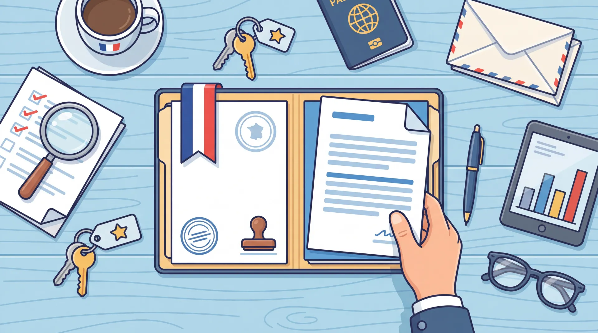 Passeport français ouvert sur fond bleu avec un drapeau tricolore