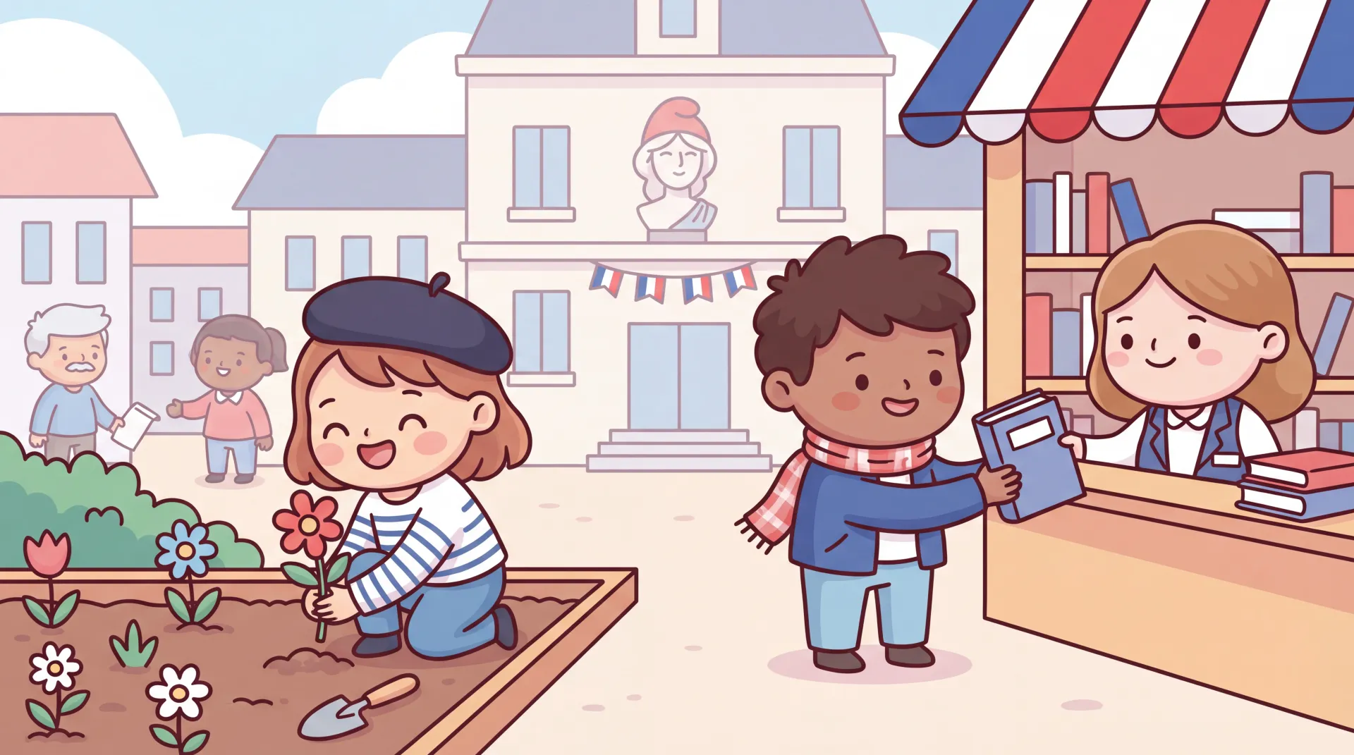 Scène de fête de village animée en France avec des habitants participant