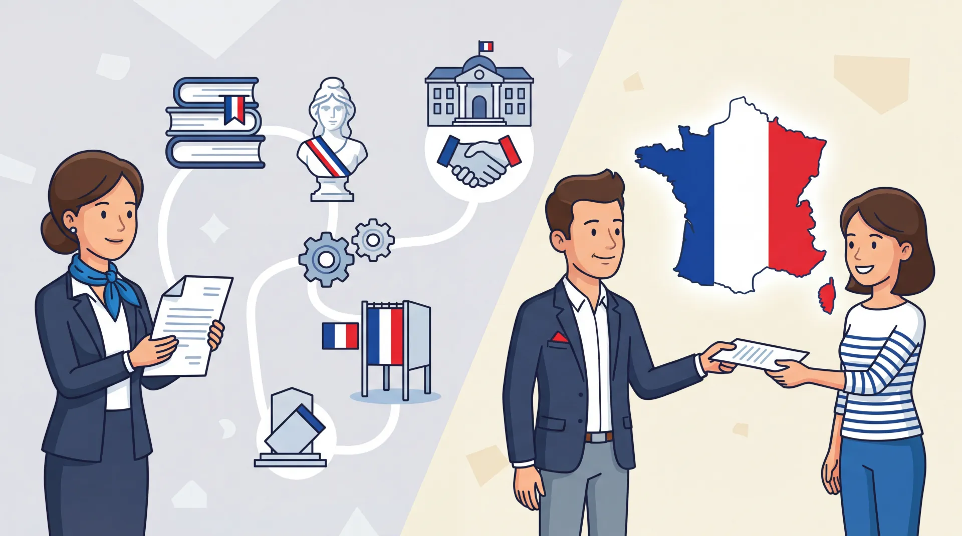 Passeport biométrique français ouvert, avec la couverture bleue et le sceau républicain